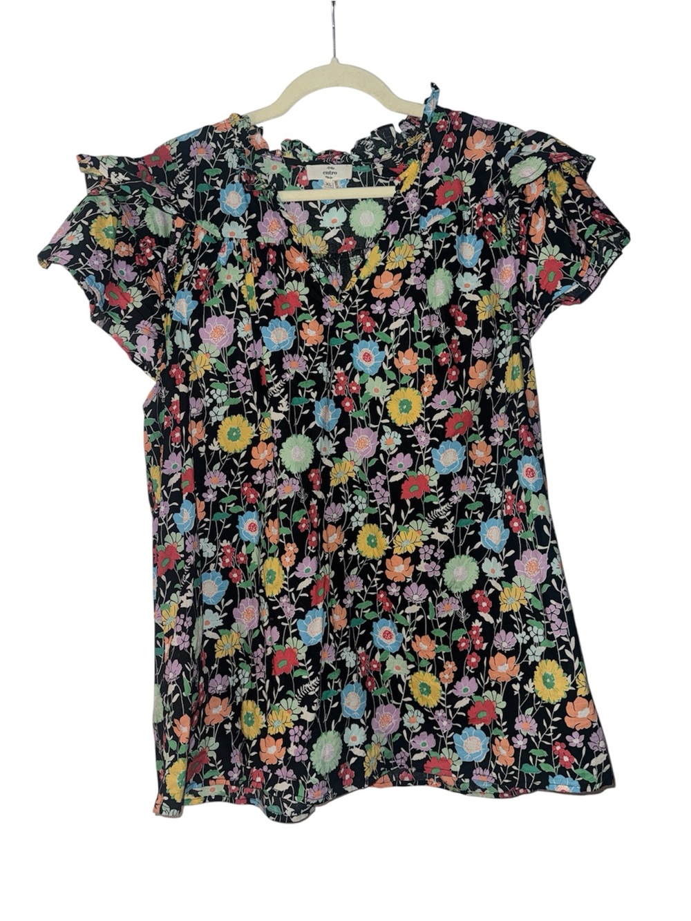 entro Black Multi Floral Ruffle Sleeve Blouse